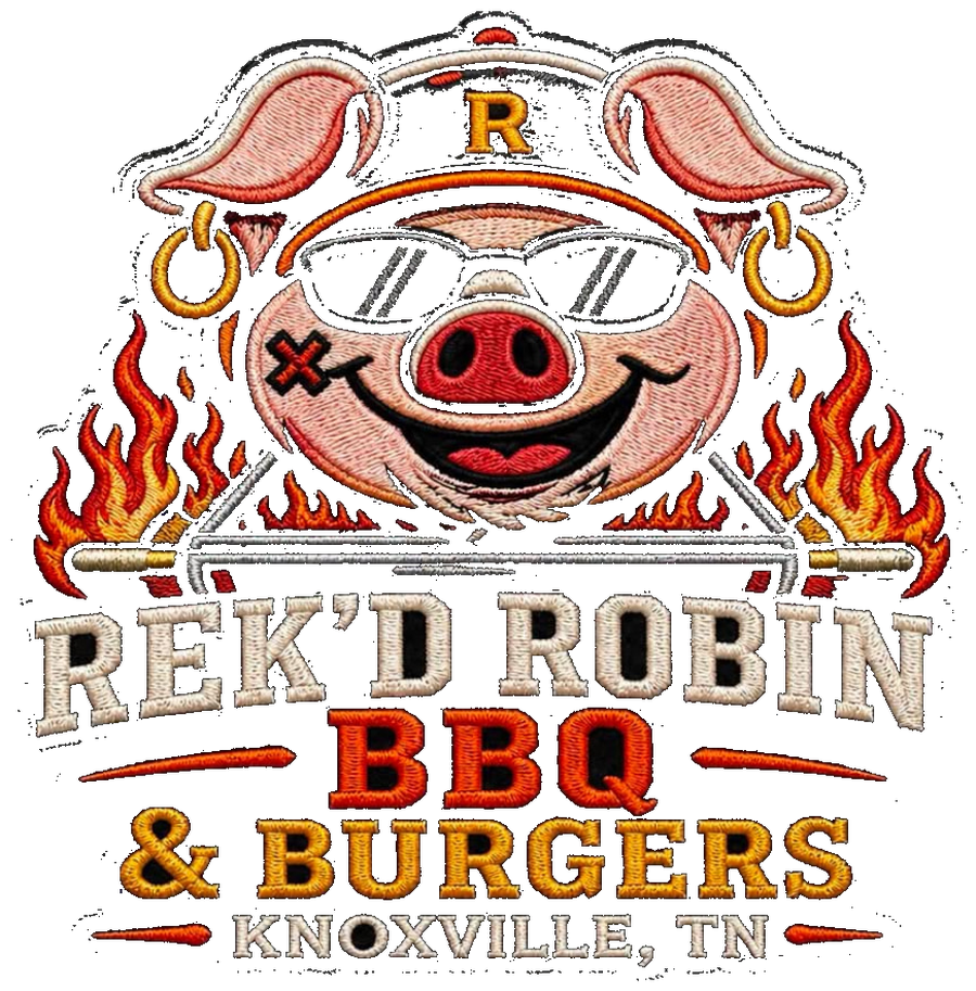 The Rek'D Robin BBQ & Burgers logo: a pirate pig in sunglasses and an R ball cap over crossed BBQ forks and flames